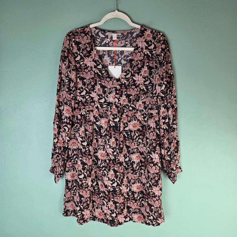 Knox Rose Womens Long Bishop Sleeve Casual Mini A-Line Dress Black Floral Small